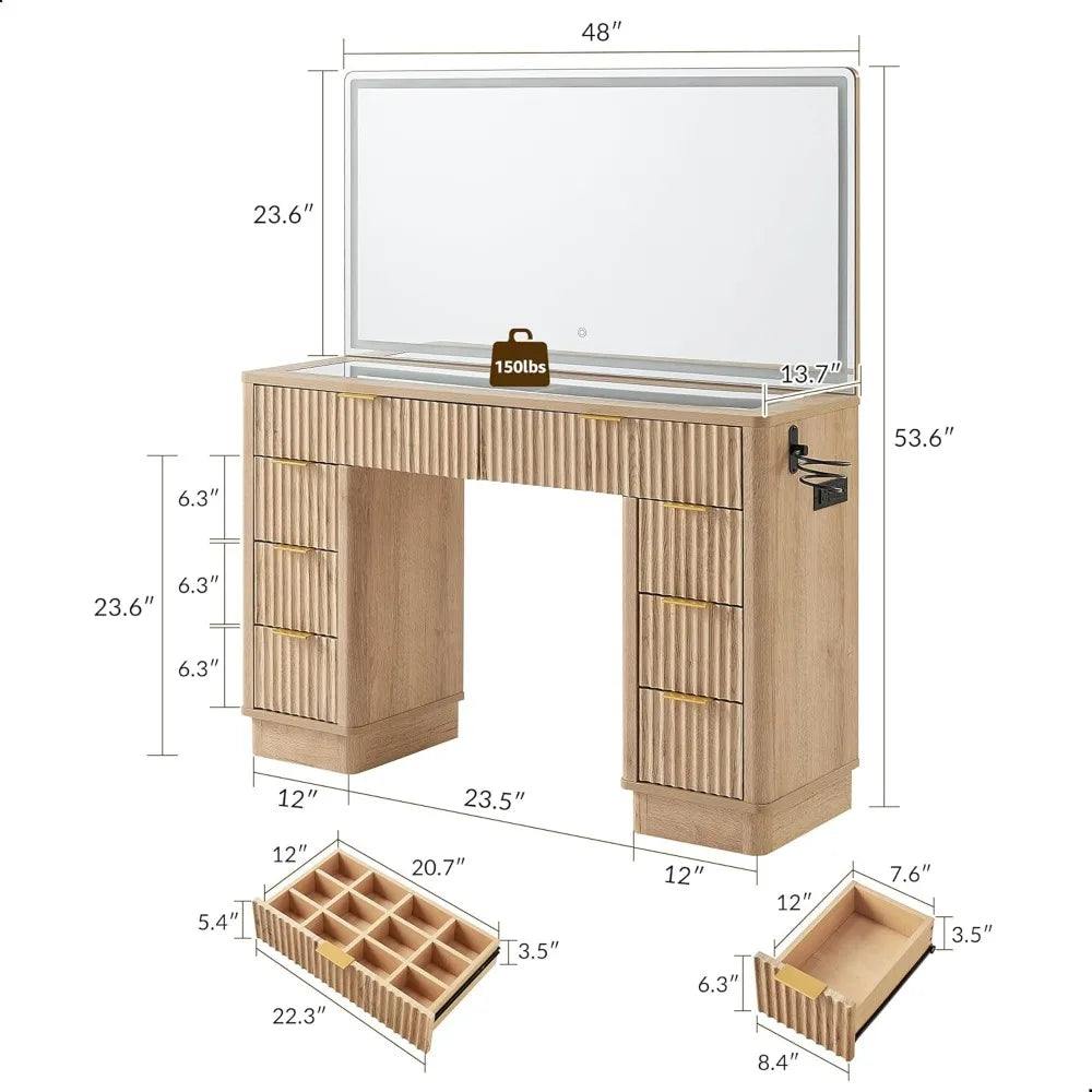 Illuminated 48 Makeup Vanity Desk Fluted Design 8-Drawer