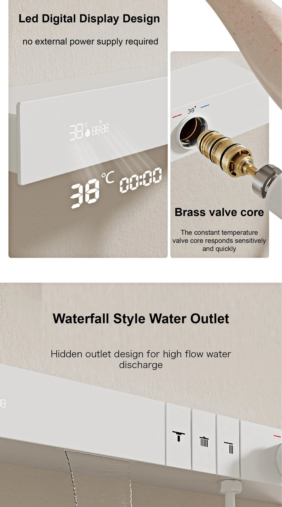 Luxury Ceiling Thermostatic Shower System Black Brass Function
