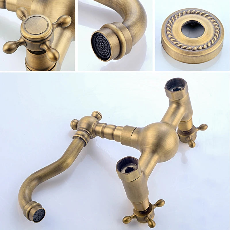 Antique Brass Wall Mounted Bathroom Sink Faucet 360