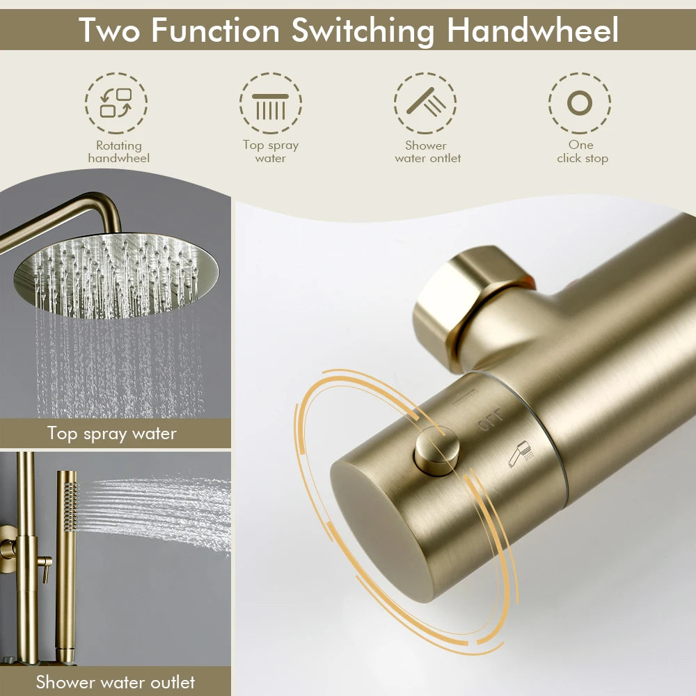 Brushed Gold Thermostatic Shower Faucets Sets Wall Mount