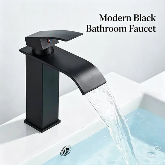 Matte Black Modern Bathroom Sink Faucet Waterfall Spout