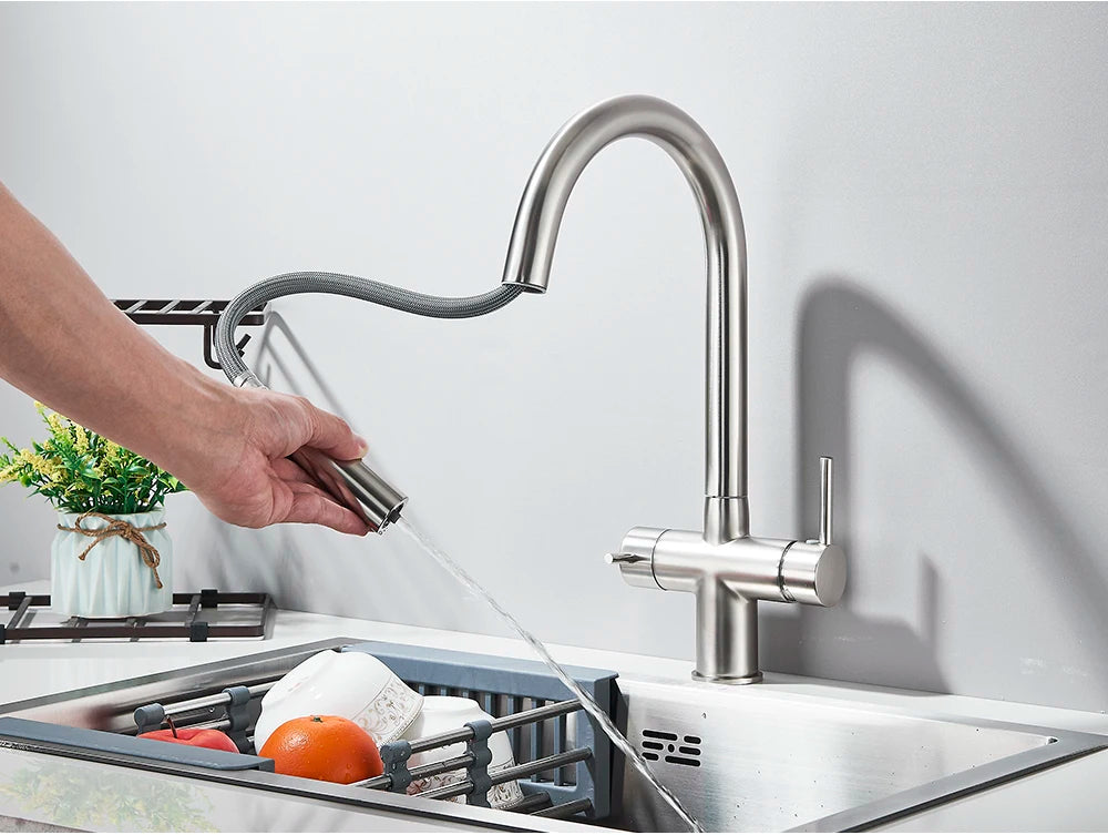 Brushed Gold Water Filter Faucet Dual Spout Pure
