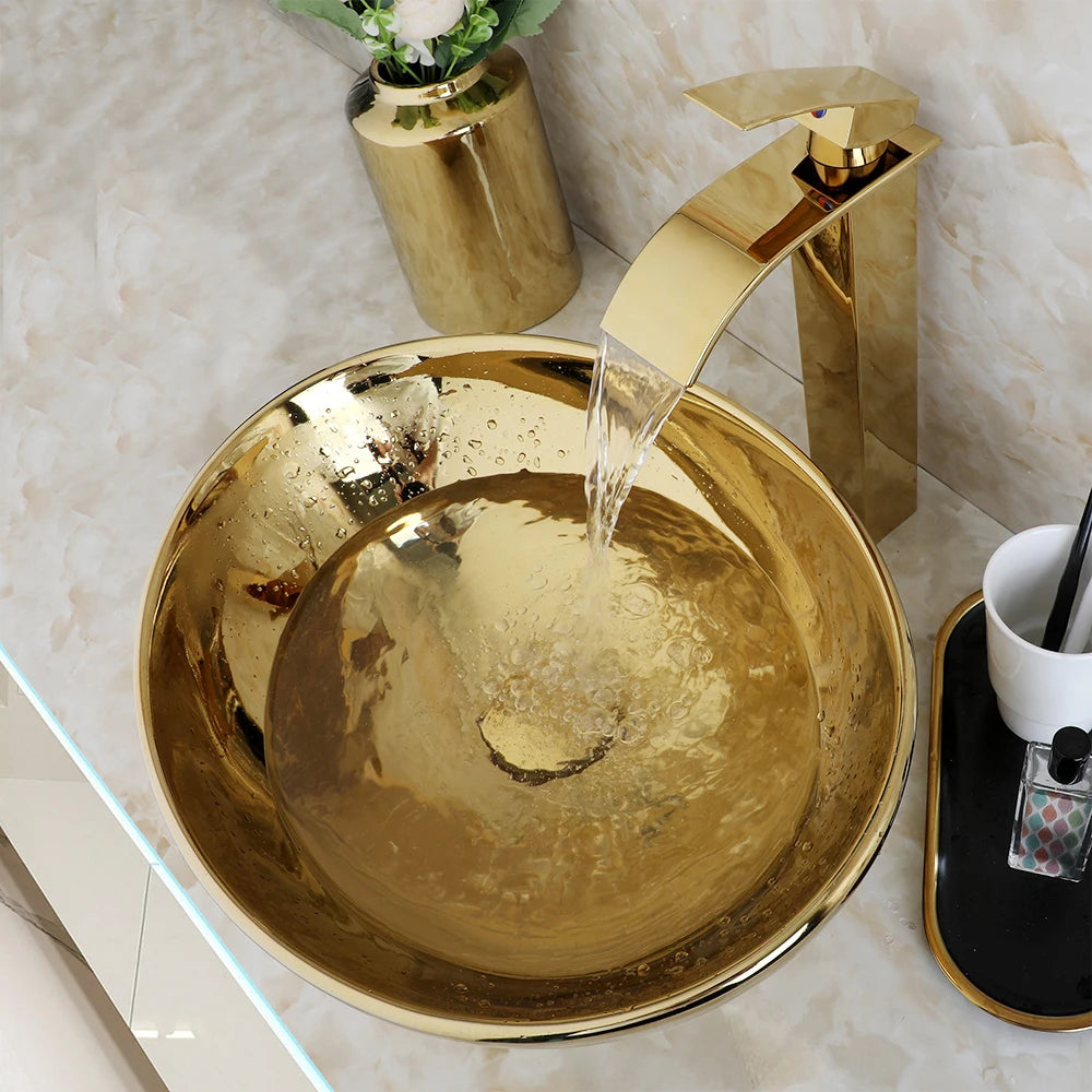 Kemaidi Bathroom Vessel Sink Luxury Shiny Gold Ceramic