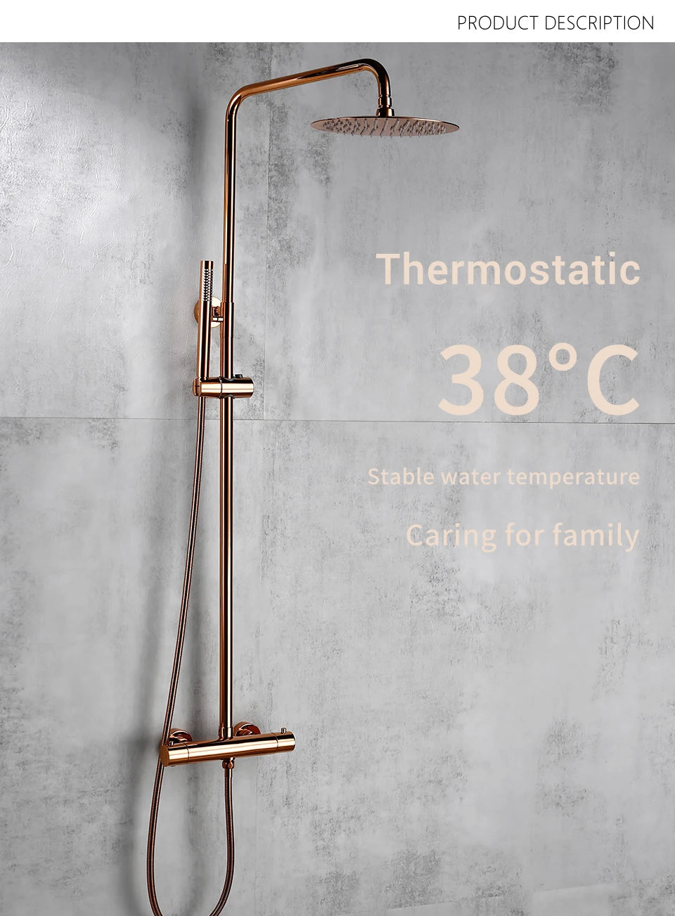 Rose Gold Thermostatic Shower Falcet Sets Wall Mount