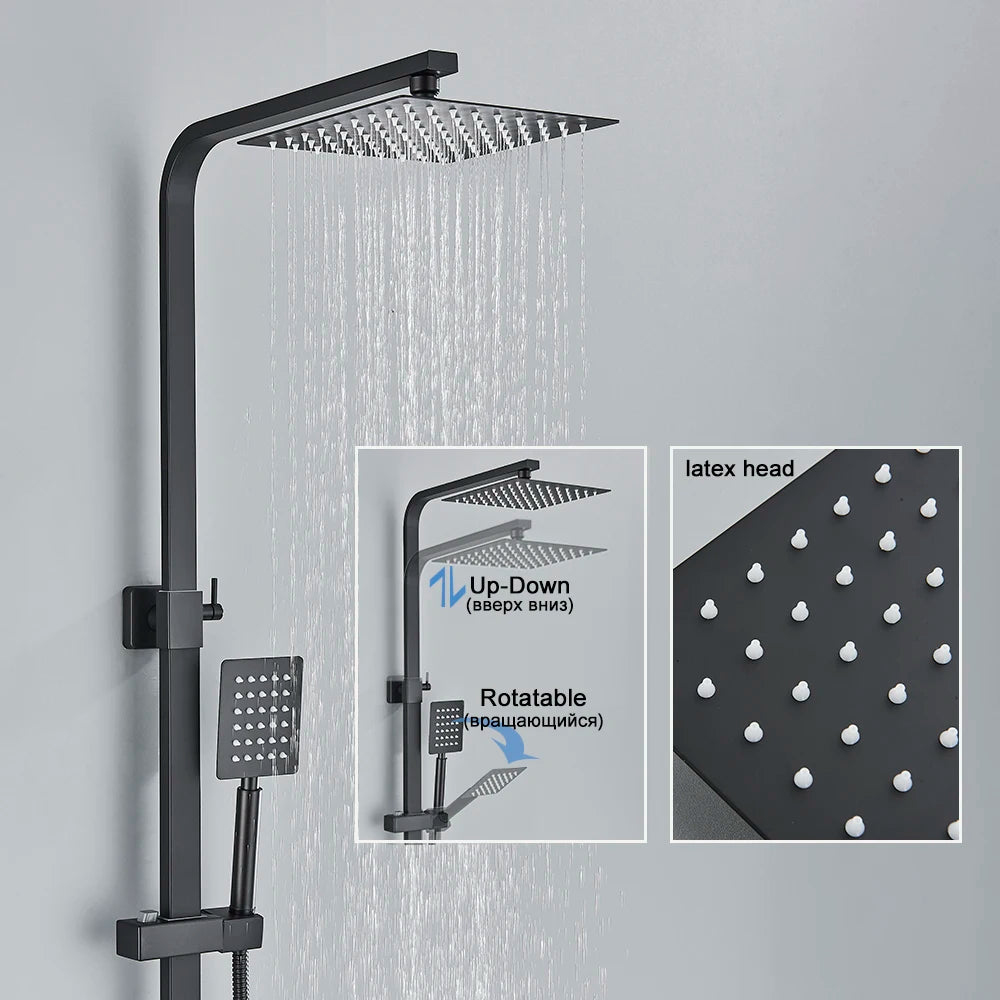 Black/Chrome Brass Shower Faucets Rainfall Shower Shelf Cold