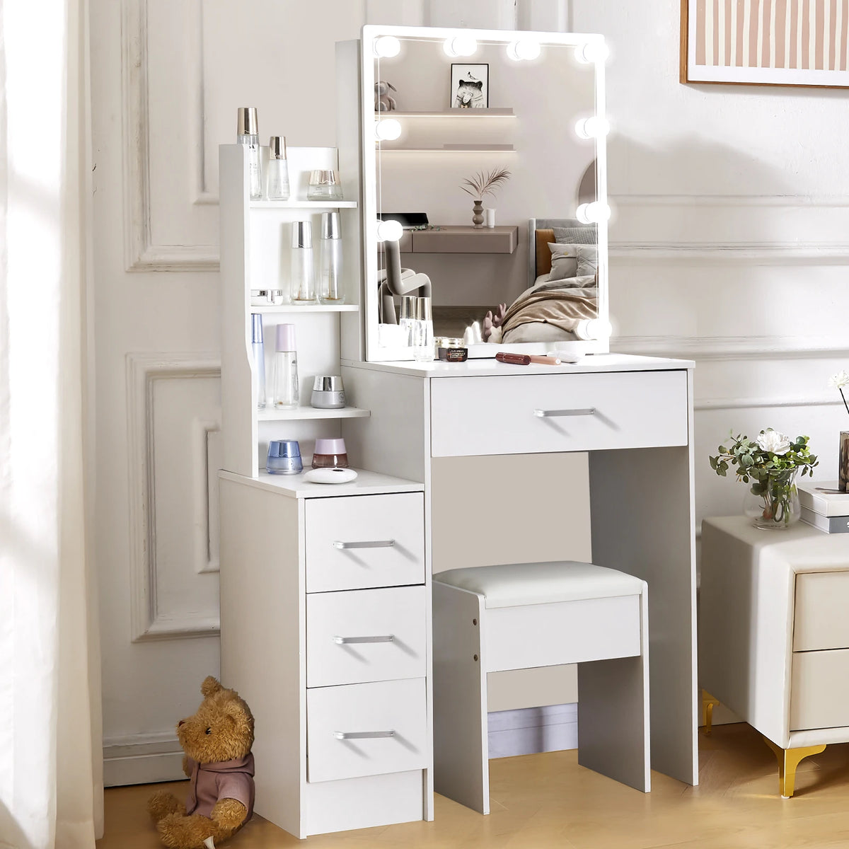Led Vanity Table Sliding Mirror White Makeup Desk