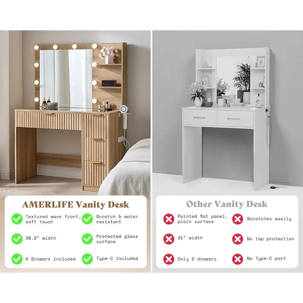 Fluted Vanity Desk Mirror Adjustable Led Lights Large