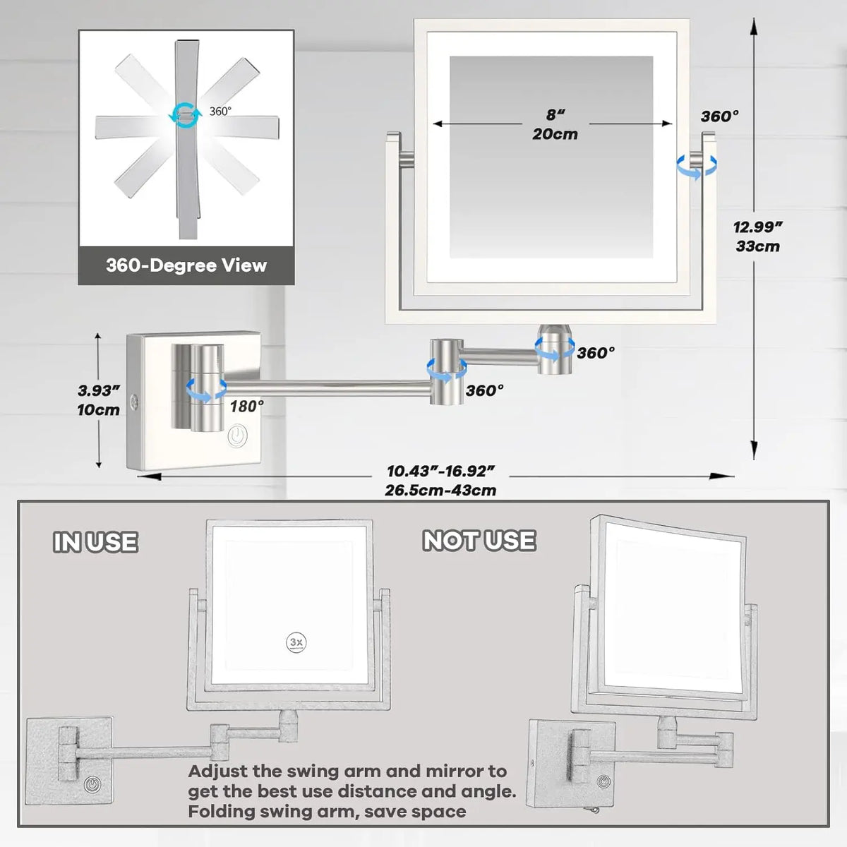 Square Touch Led Folding Bathroom Mirror 3x Magnifying