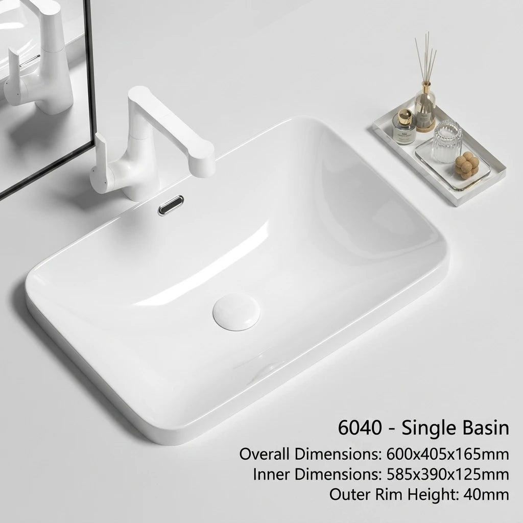 Rectangular Semi Recessed Ceramic Wash Basin Bathroom Countertop