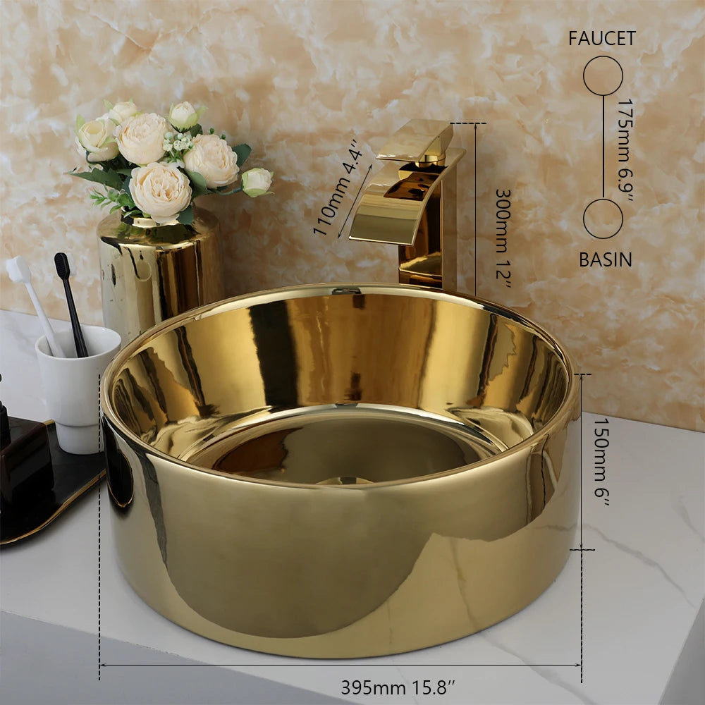 Kemaidi 14 Gold Round Vessel Sink Faucet Ceramic