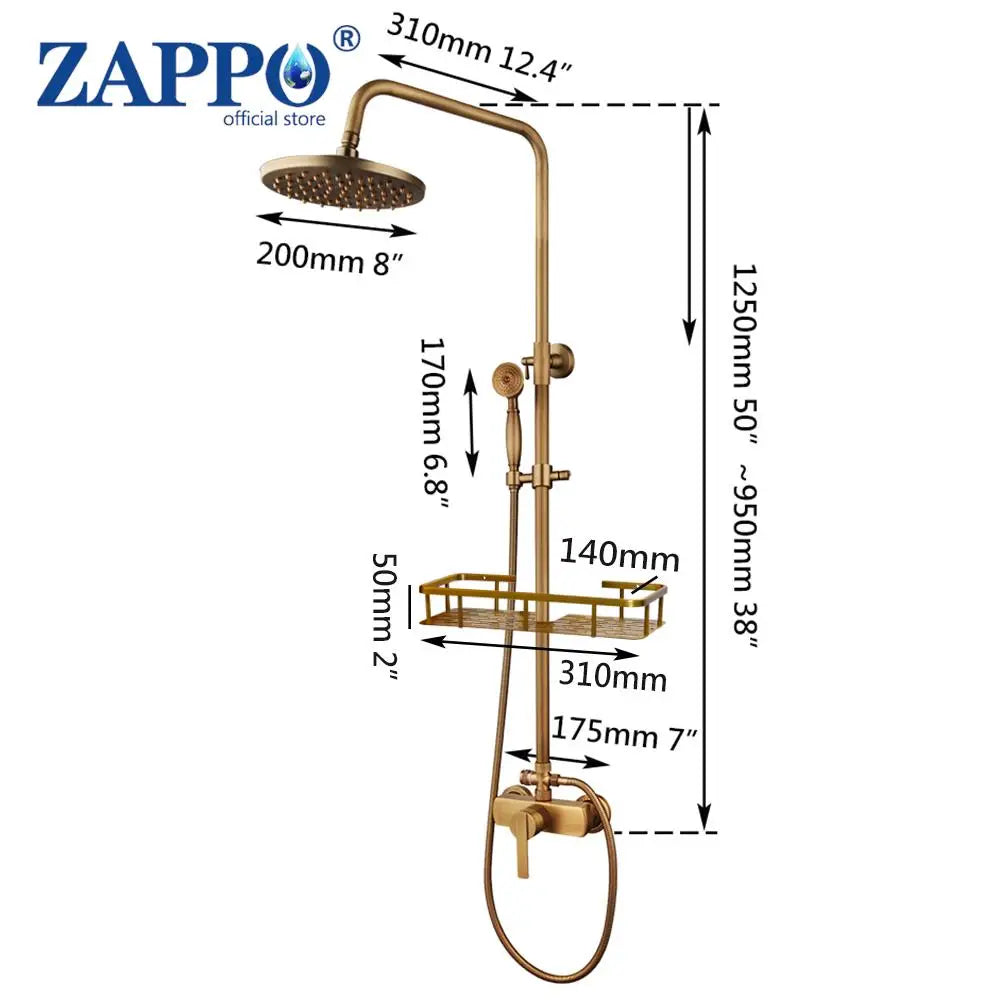 Zappo Antique Brass Shower Systerm Flexible Retro Brass