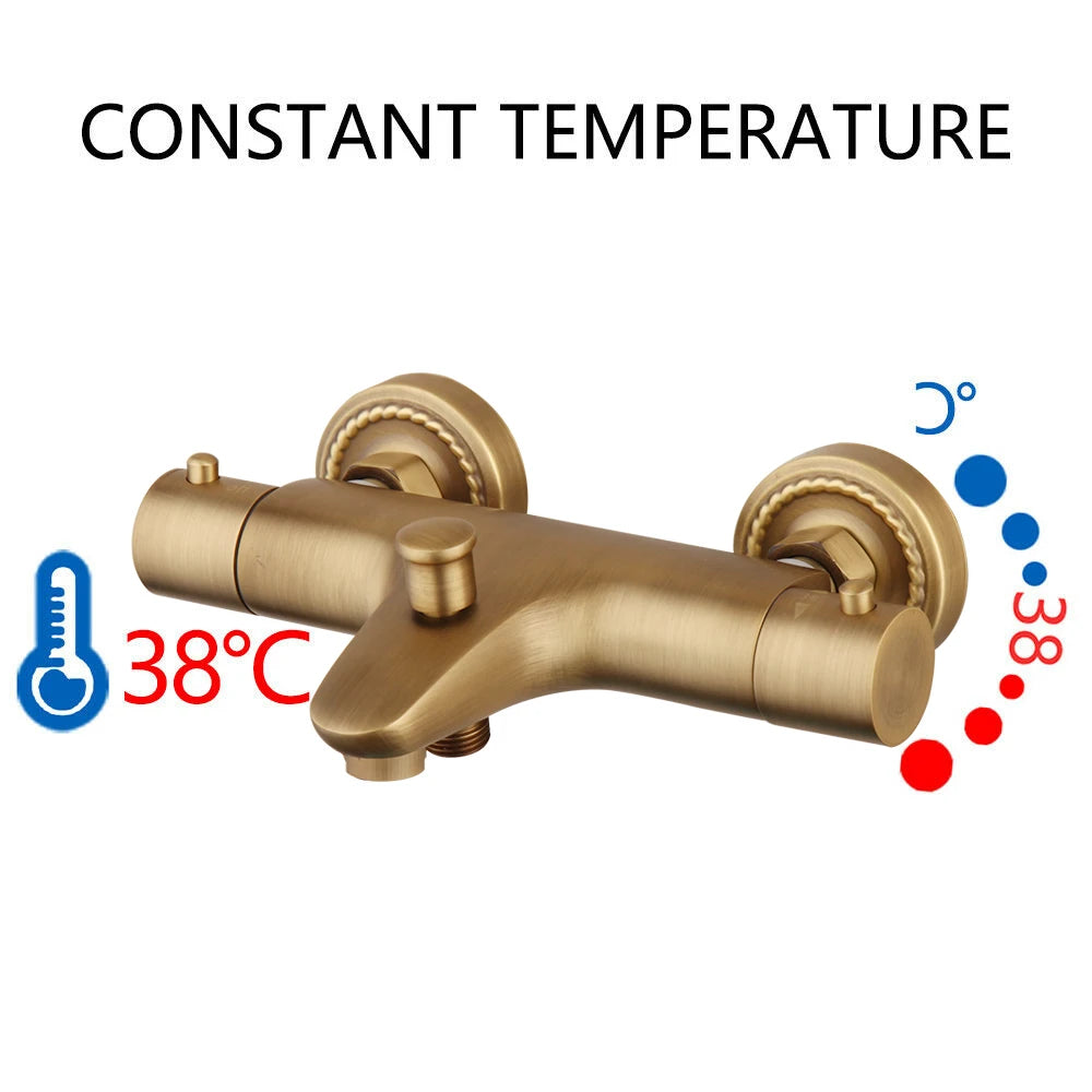 Zappo Antique Brass Bathroom Thermostatic Shower W/ Rainfall