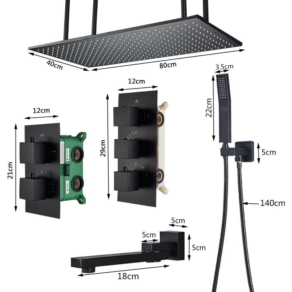 Rozin Brass Thermostatic Shower Faucet Black 40 80cm