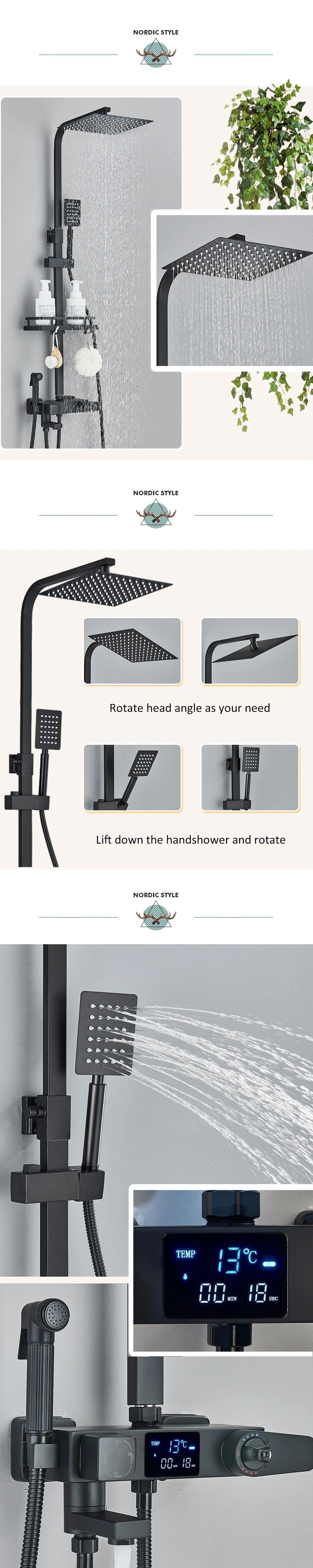Black Digital Display Thermostatic Shower Faucets Rainfall Shower