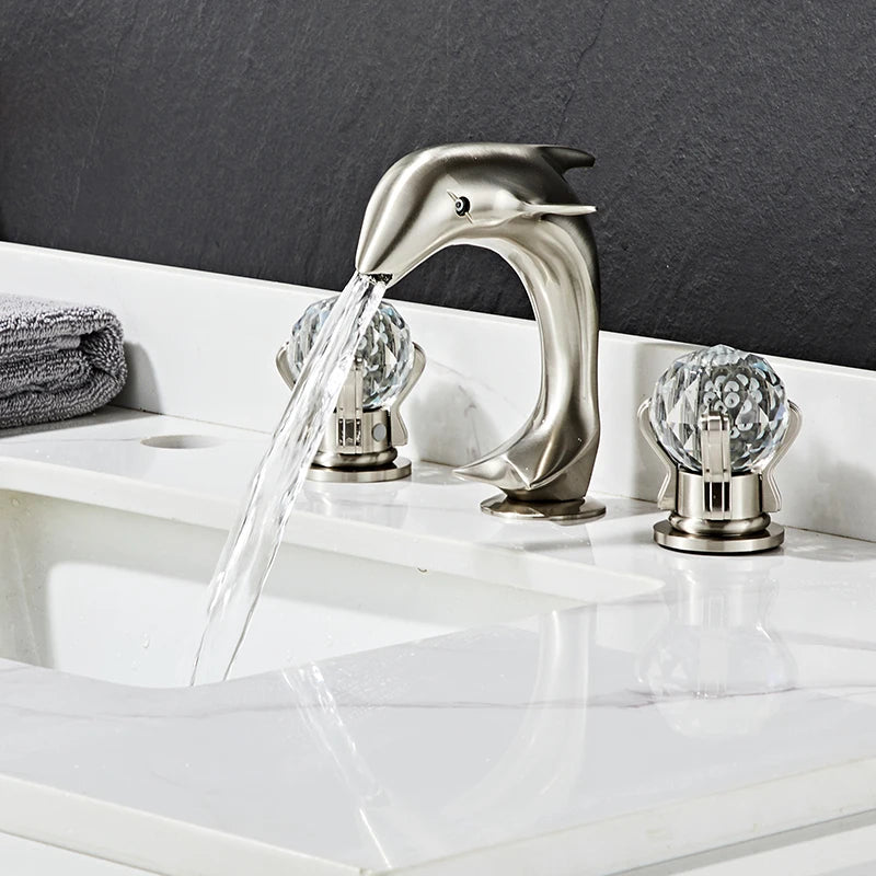 3pcs Golden Bathroom Basin Faucet Crystal Handle Widespread