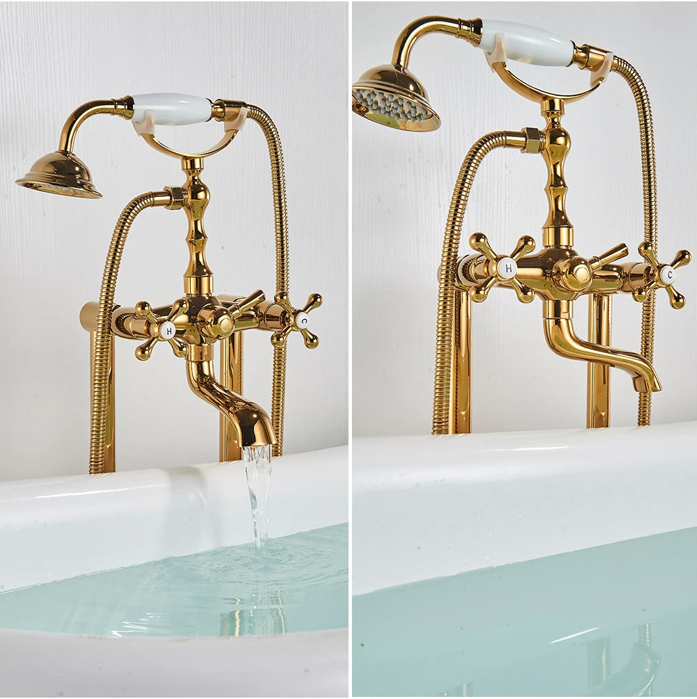 Antique Brass Floor Mounted Bathtub Shower Faucet Dual