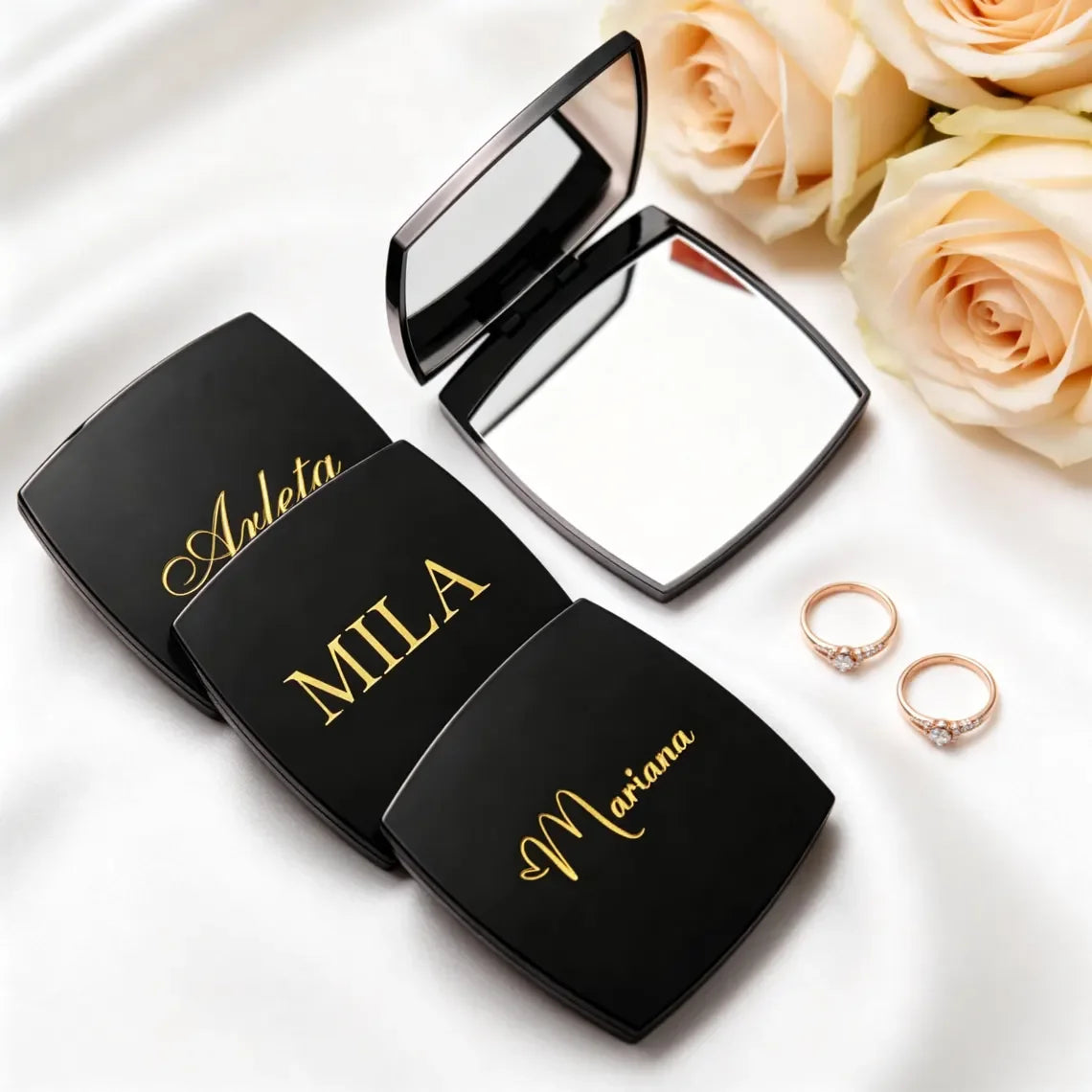 Personalized Engraved Compact Mirror Matte Black Pocket Makeup