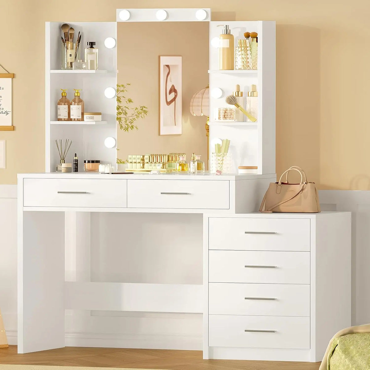 Makeup Vanity Lighted Mirror & Power Outlet Drawers