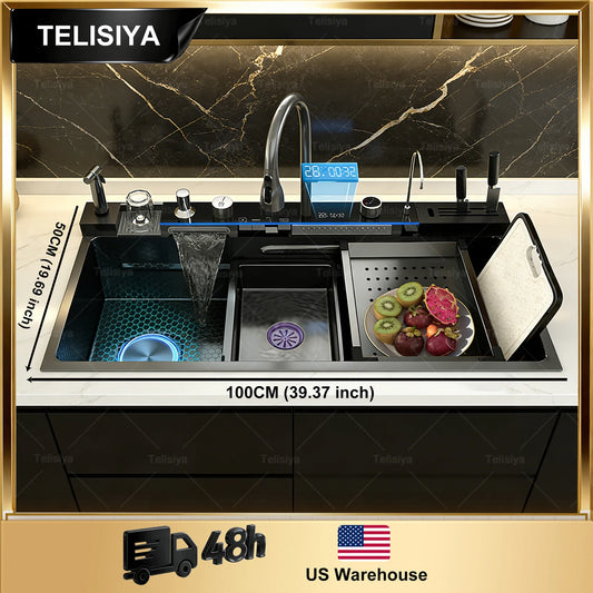 Stainless Steel Sink Digital Display Waterfall Large Slot