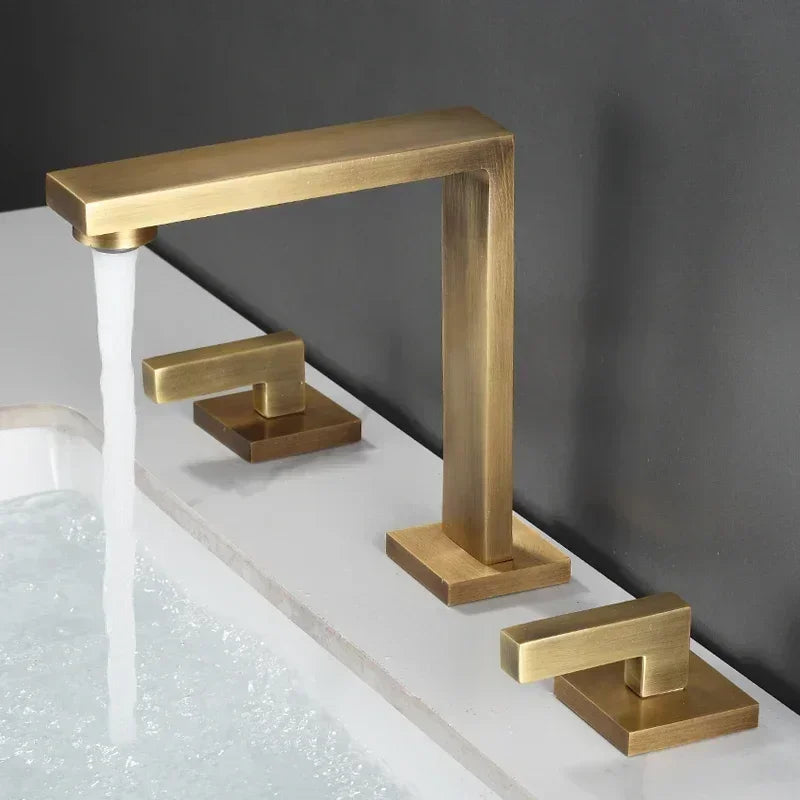 Brushed Gold Basin Faucet Solid Brass Three Hole