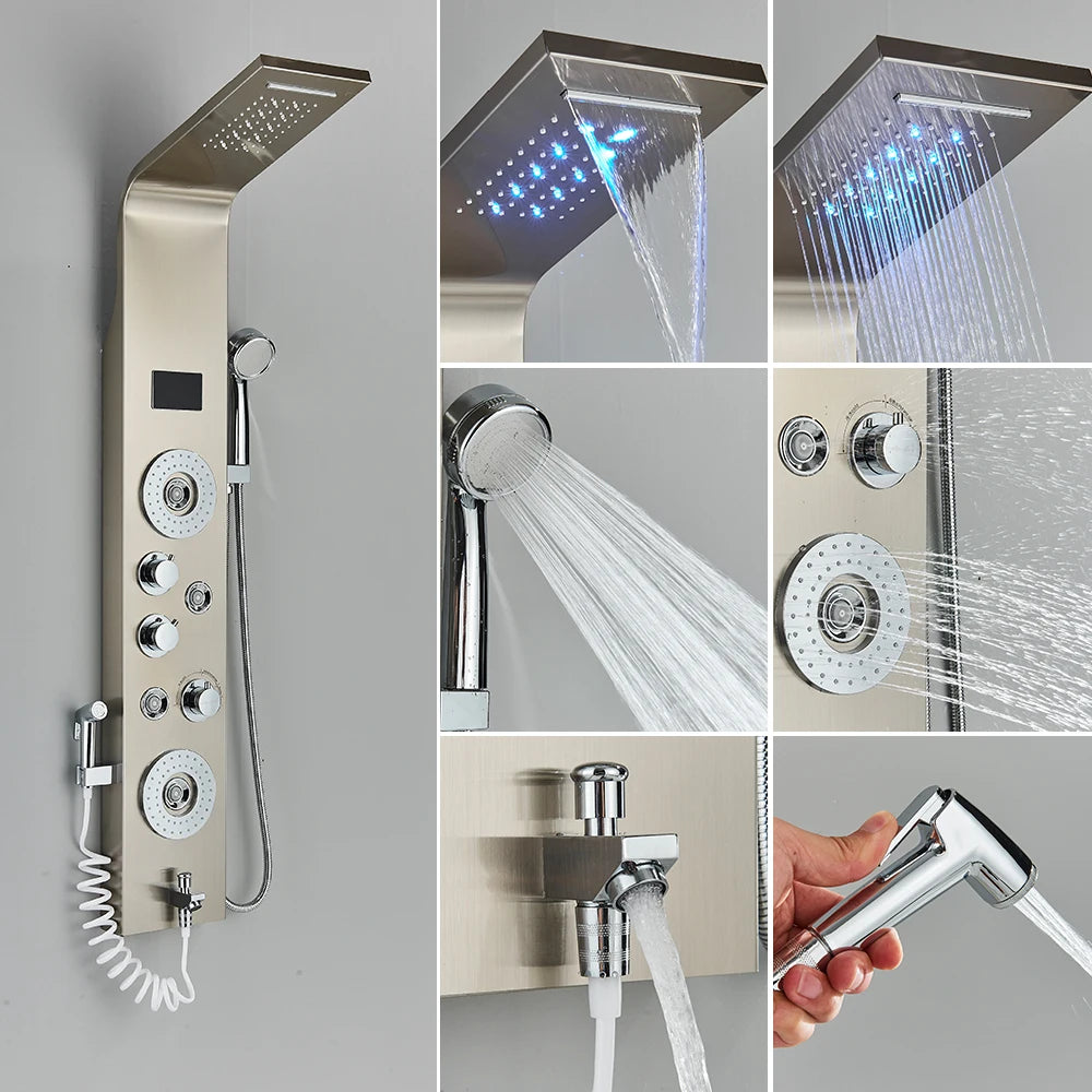 Newly Luxury Black/Brushed Bathroom Shower Faucet Led Shower