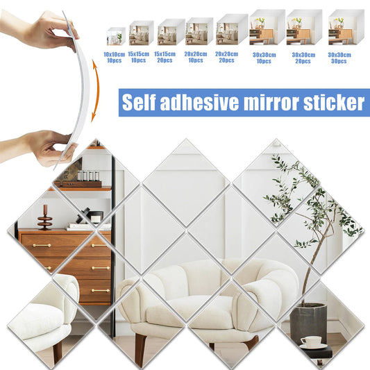 10/20/30pcs Mirror Wall Sticker Mirror Diy Square Decal