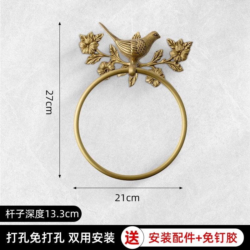 Retro Brass Bird Towel Ring Storage Rack Perforation-Free
