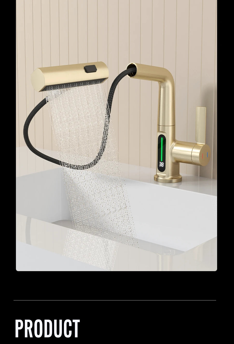 Brushed Gold Basin Faucet Lifting Pull Down Digital