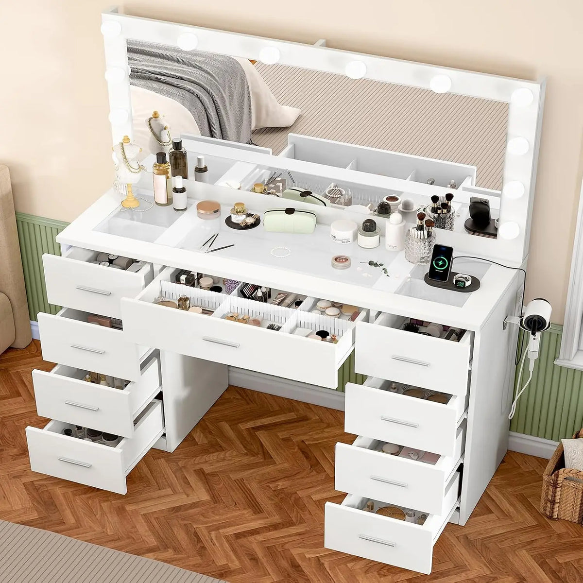 46 Vanity Desk Glass Top & Lights Mirror