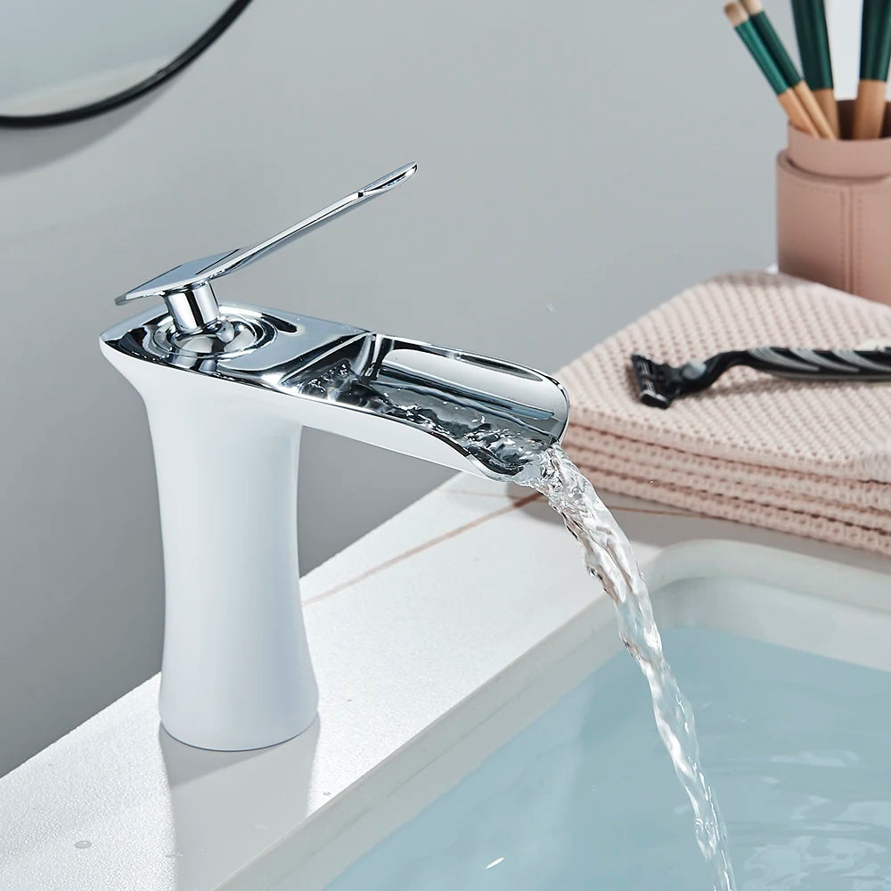 White Basin Faucet Waterfall Spout Bathroom Mixer Tap