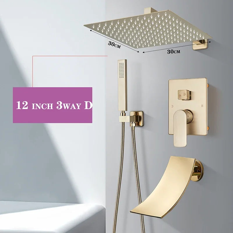 Brushed Gold Bathroom Shower Faucet Rainfall Concealed Shower