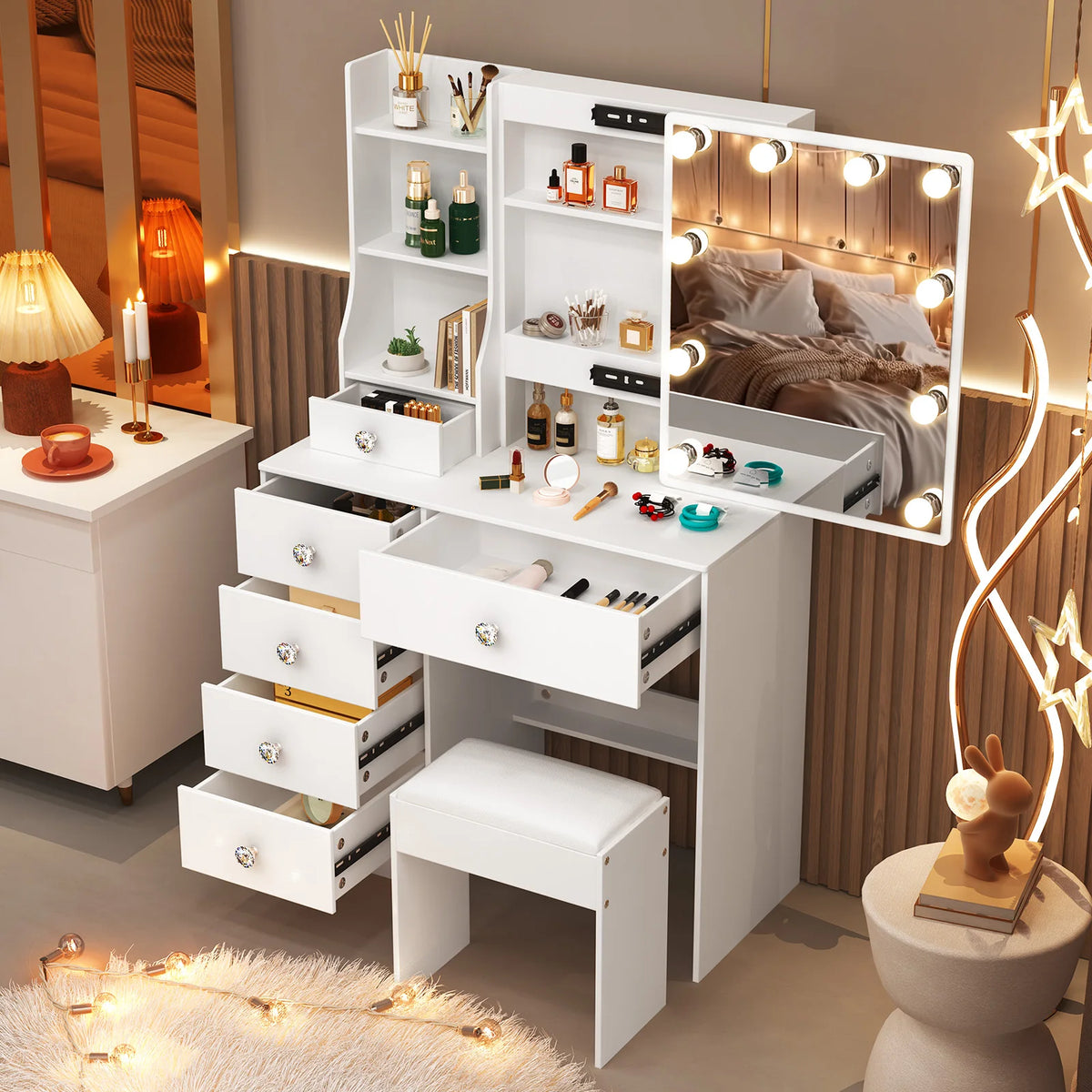 Teousev White Led Makeup Vanity Sliding Mirror 3-Color