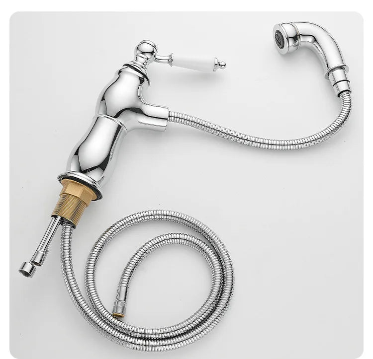 Gold Bathroom Ceramic Handle Basin Faucets Pull Out