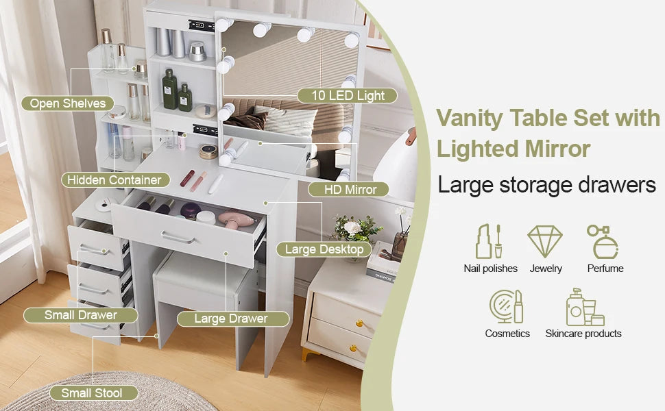 Led Vanity Table Sliding Mirror White Makeup Desk