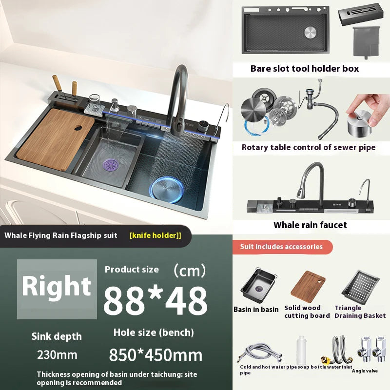 Stainless Steel Waterfall Sink Digital Display Large Slot
