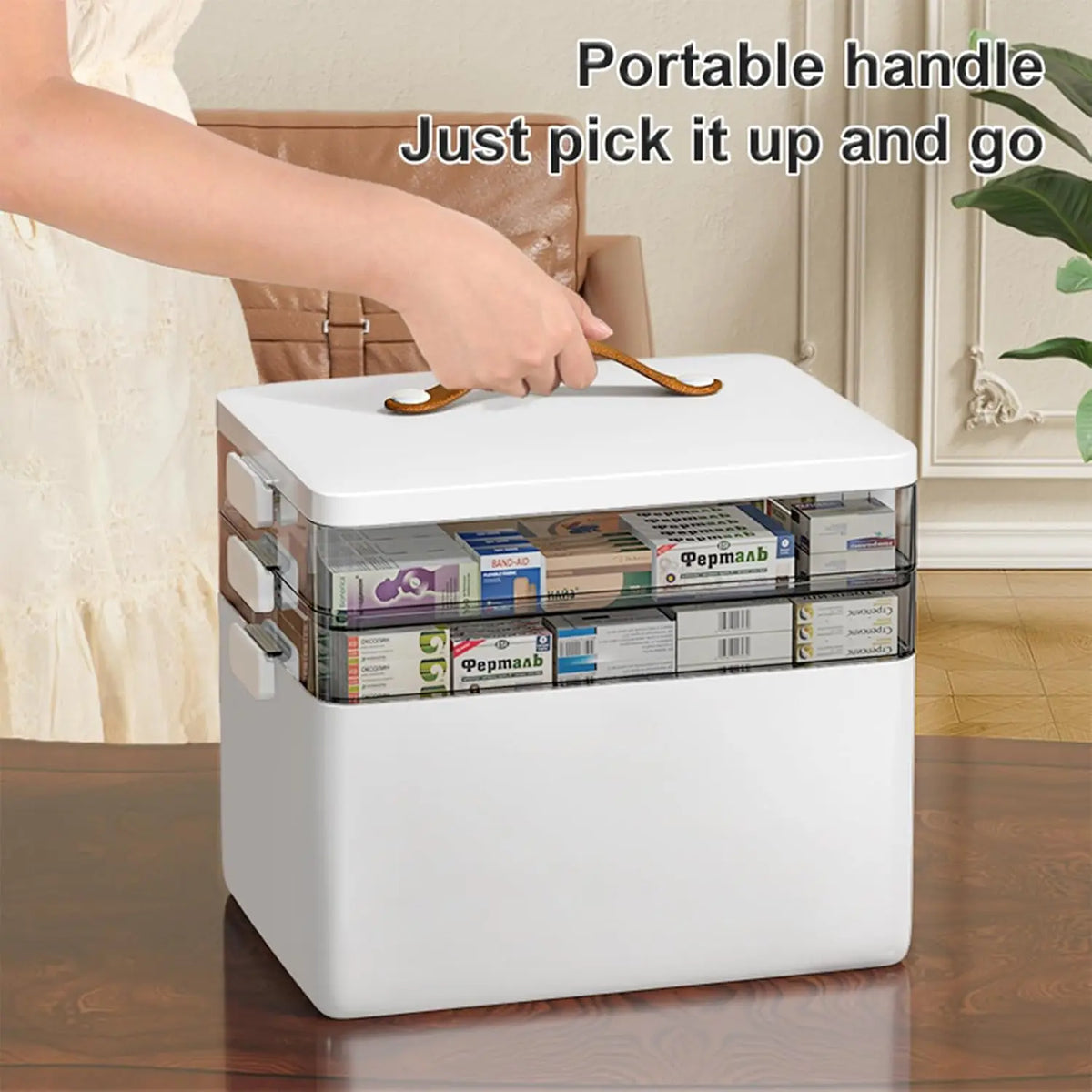 Medicine Cabinet Leather Handle 3-Tier Medicine Organizer Empty