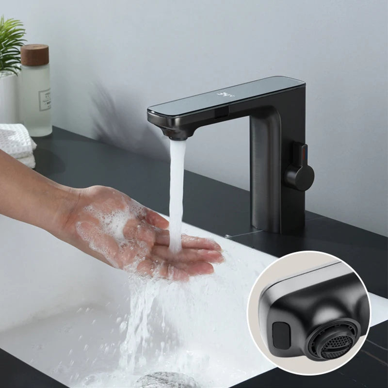 Gun Grey Smart Sensor Basin Faucet Digital Display