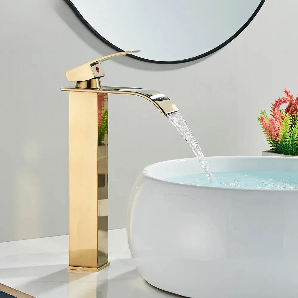 Brushed Golden Basin Faucets Elegant Waterfall Bathroom Sink