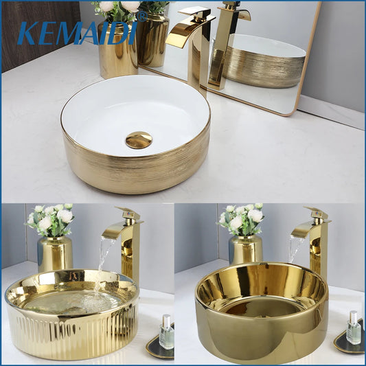 Kemaidi 14 Gold Round Vessel Sink Faucet Ceramic