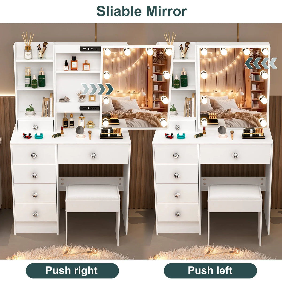 White Dressing Table Vanity Sliding Mirror Frame 3-Color