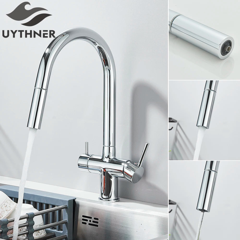 Brushed Gold Water Filter Faucet Dual Spout Pure