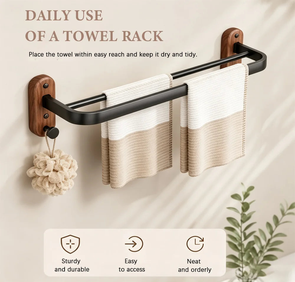 Walnut Wood Bathroom Wall Mounted Towel Rack Shelf