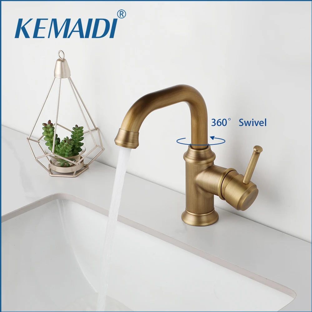 Kemaidi Antique Brass Handle Bathroom Faucets Mixer Tap