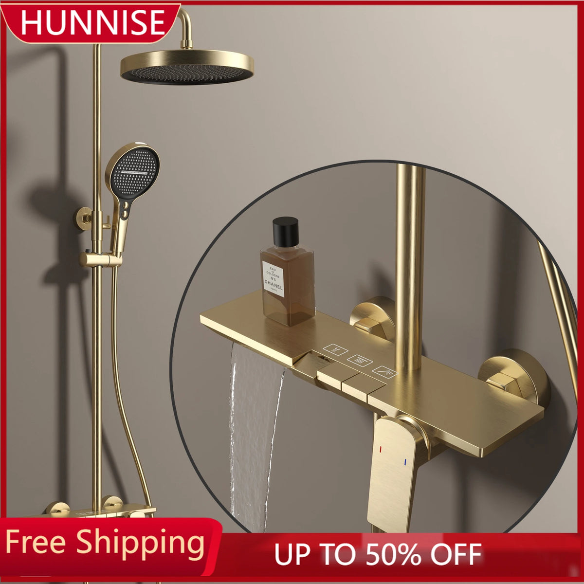 Brushed Gold Piao Bathroom Shower System Brass Waterfall