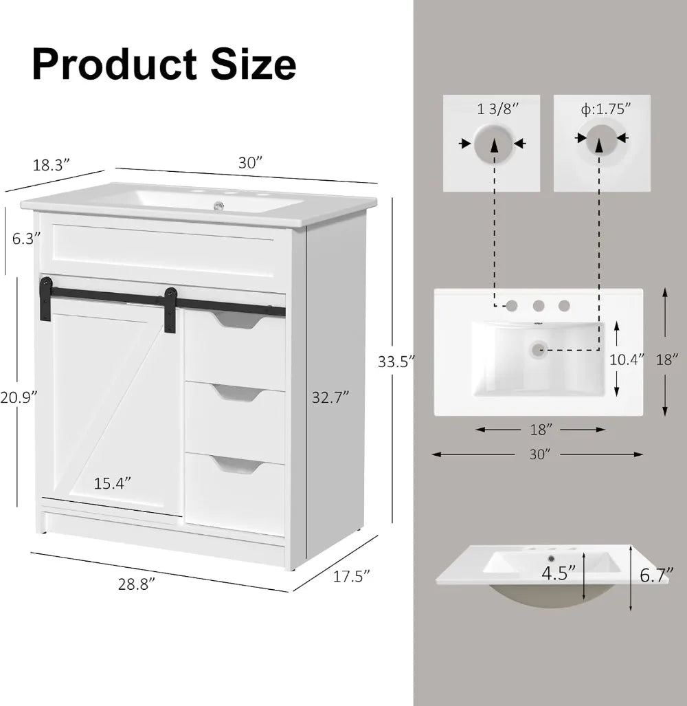 30 Bathroom Vanity Sink Farmhouse Cabinet White Sliding