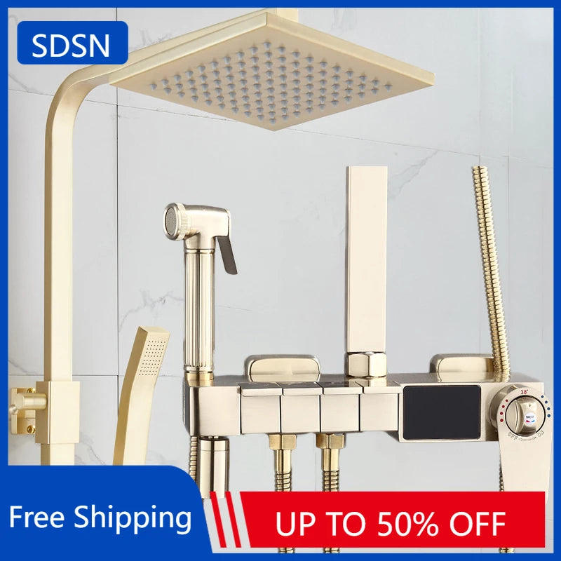 Brushed Gold Thermostatic Digital Bathroom Shower Inch Rain
