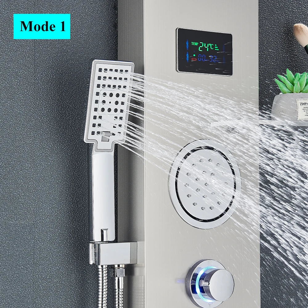 Brushed Nickel Bathroom Led Rainfall Shower Faucet Digital
