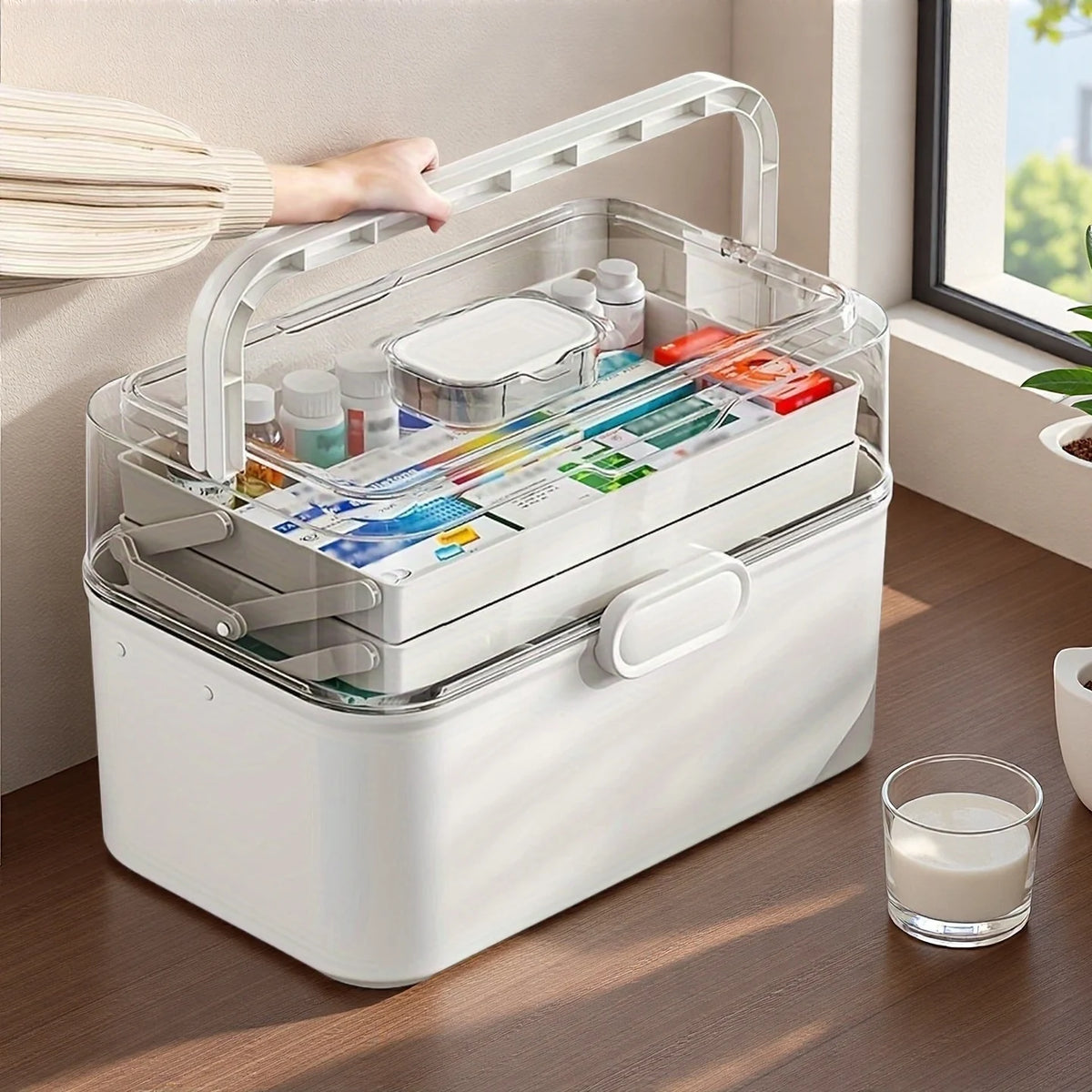 3-Tier Medicine Organizer - Medicine Cabinet Leather Handle
