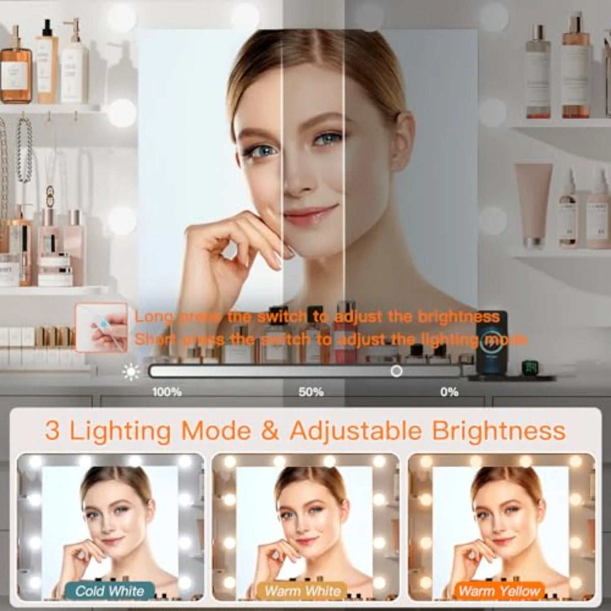 Large Makeup Vanity Desk Led Mirror Power Outlet