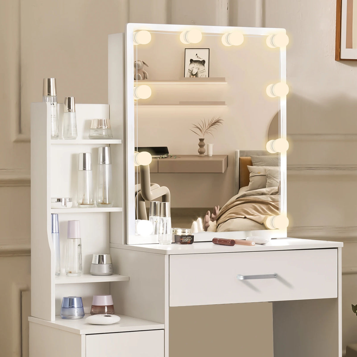 Led Vanity Table Sliding Mirror White Makeup Desk